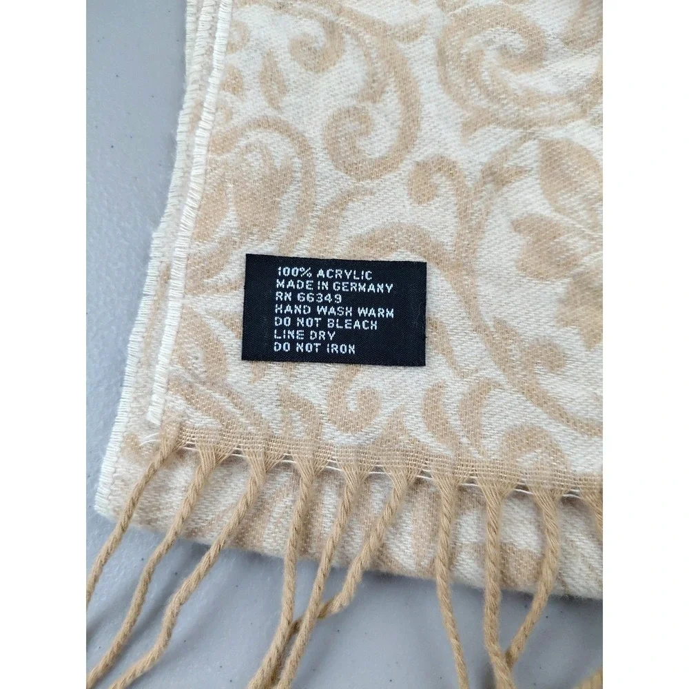 German Winter Scarf Cozy Beige Fringe Flue Scroll Floral 10X68" Soft Acrylic - Picture 4 of 4